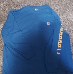 Carhartt Denim Blue Crewneck with Yellow Sleeve Logo.